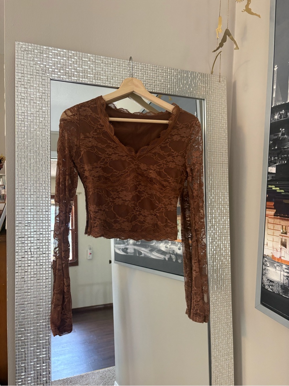 Y2K Brown Lace Long Sleeve V-Neck Crop Top